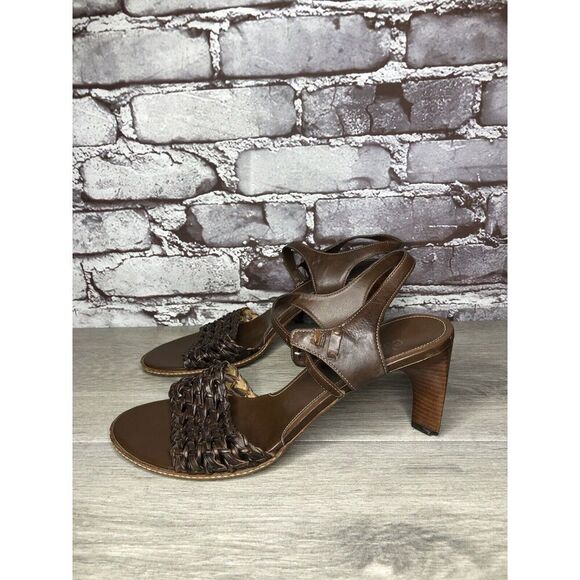 Cole Haan Brown Leather Woven Heel AnkleStrap Sandals Women Sz 8B US Broken Heel - Picture 1 of 16